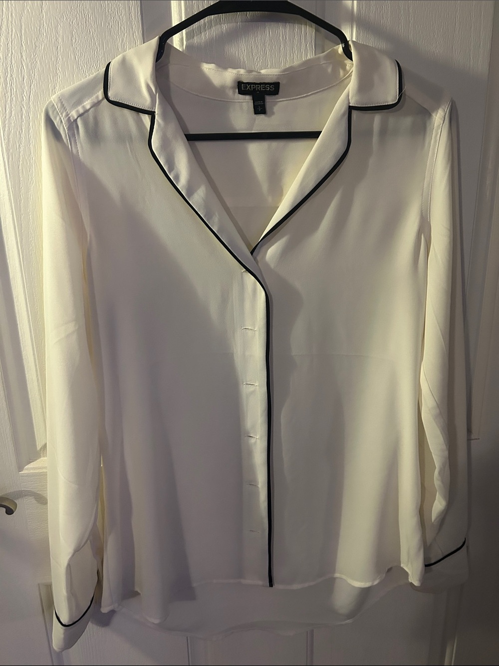 Express White Button-Front Blouse with Black Trim